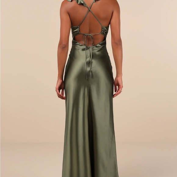 Lulu's Olive Satin Maxi Dress with Ruffle Straps - Picture 2 of 3